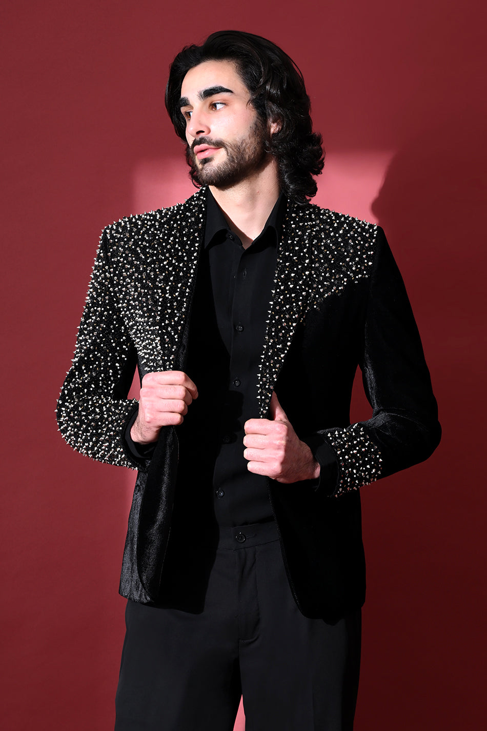 NOIR ARMOUR SPIKE EMBELLISHED BLAZER WITH TROUSERS