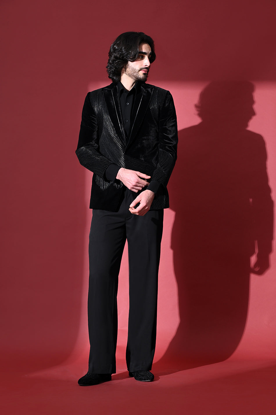 WAVE LEATHER EMBELLISHED VELVET BLAZER WITH TROUSERS