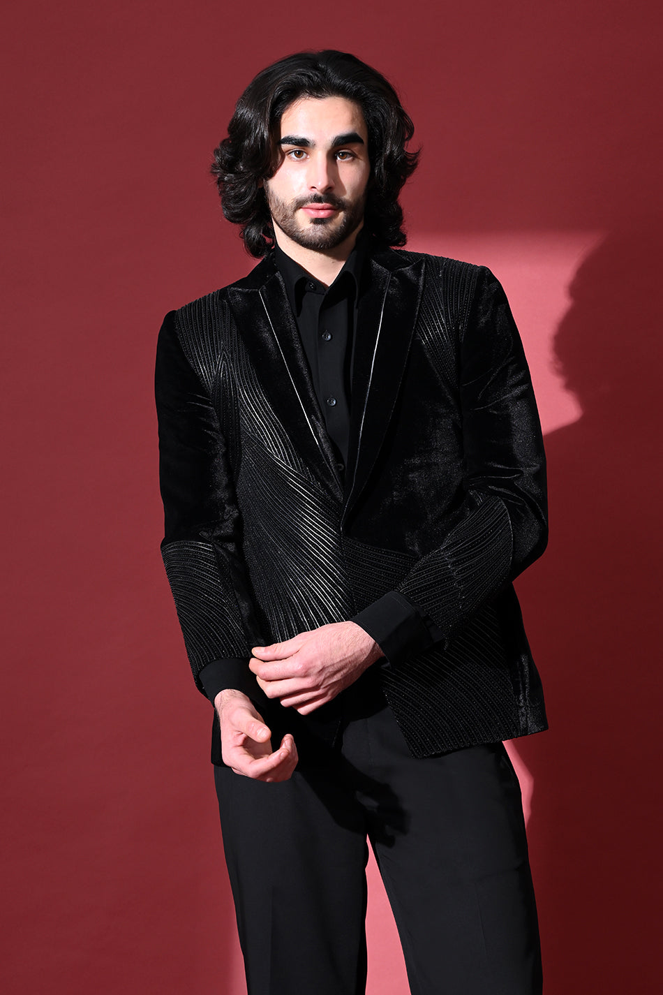WAVE LEATHER EMBELLISHED VELVET BLAZER WITH TROUSERS