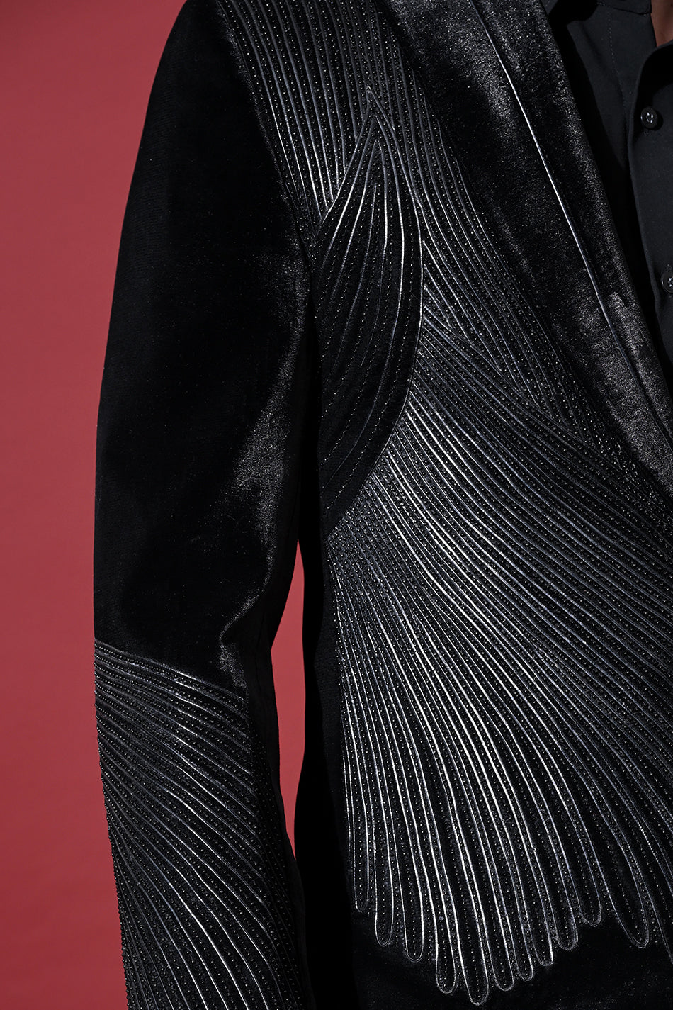 WAVE LEATHER EMBELLISHED VELVET BLAZER WITH TROUSERS