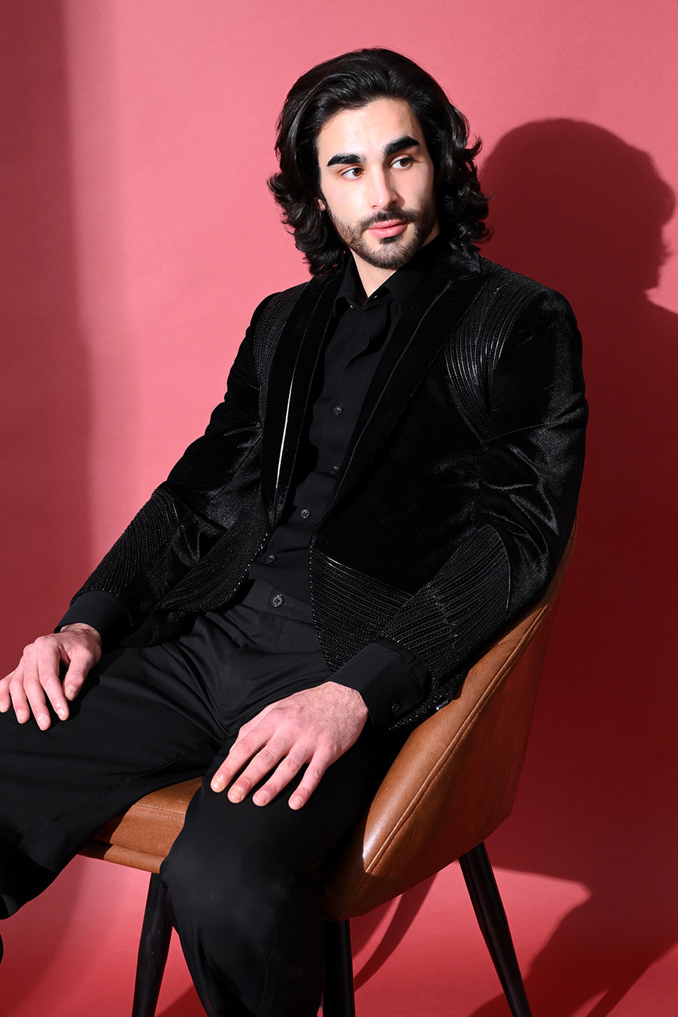 WAVE LEATHER EMBELLISHED VELVET BLAZER WITH TROUSERS