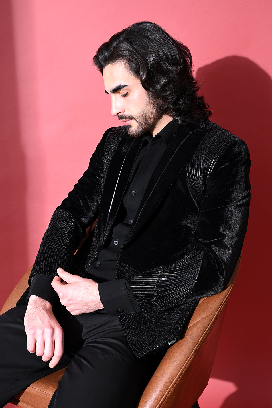 WAVE LEATHER EMBELLISHED VELVET BLAZER WITH TROUSERS