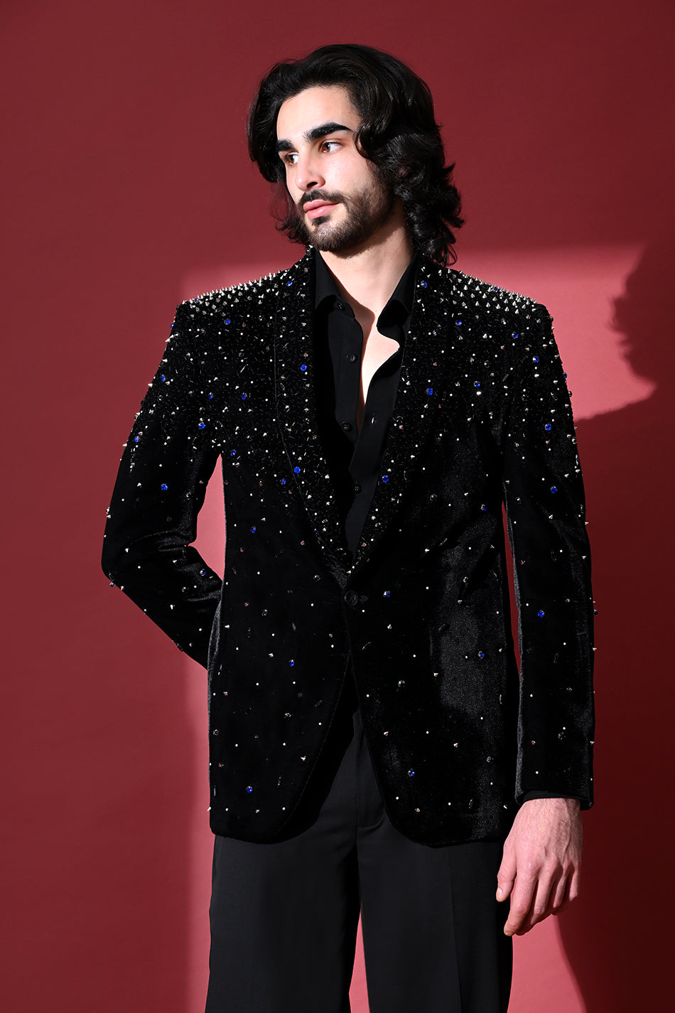CELESTIAL SPIKE EMBELLISHED VELVET BLAZER WITH TROUSERS