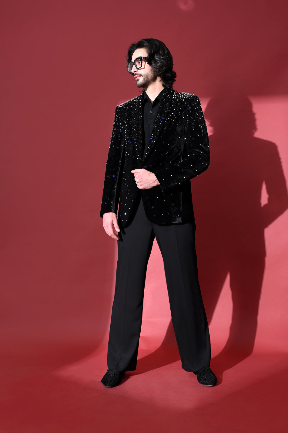 CELESTIAL SPIKE EMBELLISHED VELVET BLAZER WITH TROUSERS