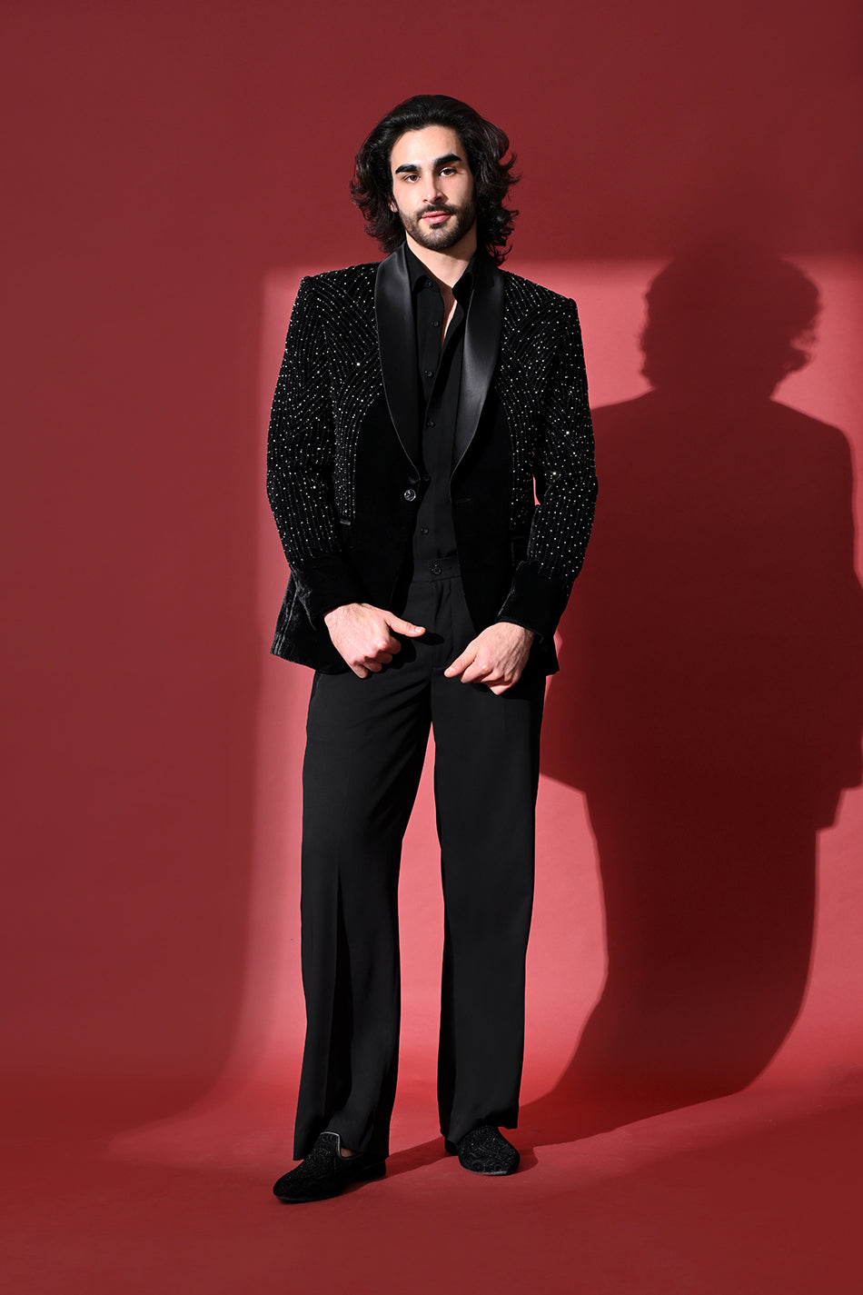 MIDNIGHT NOIR EMBELLISHED TUXEDO BLAZER WITH TROUSERS