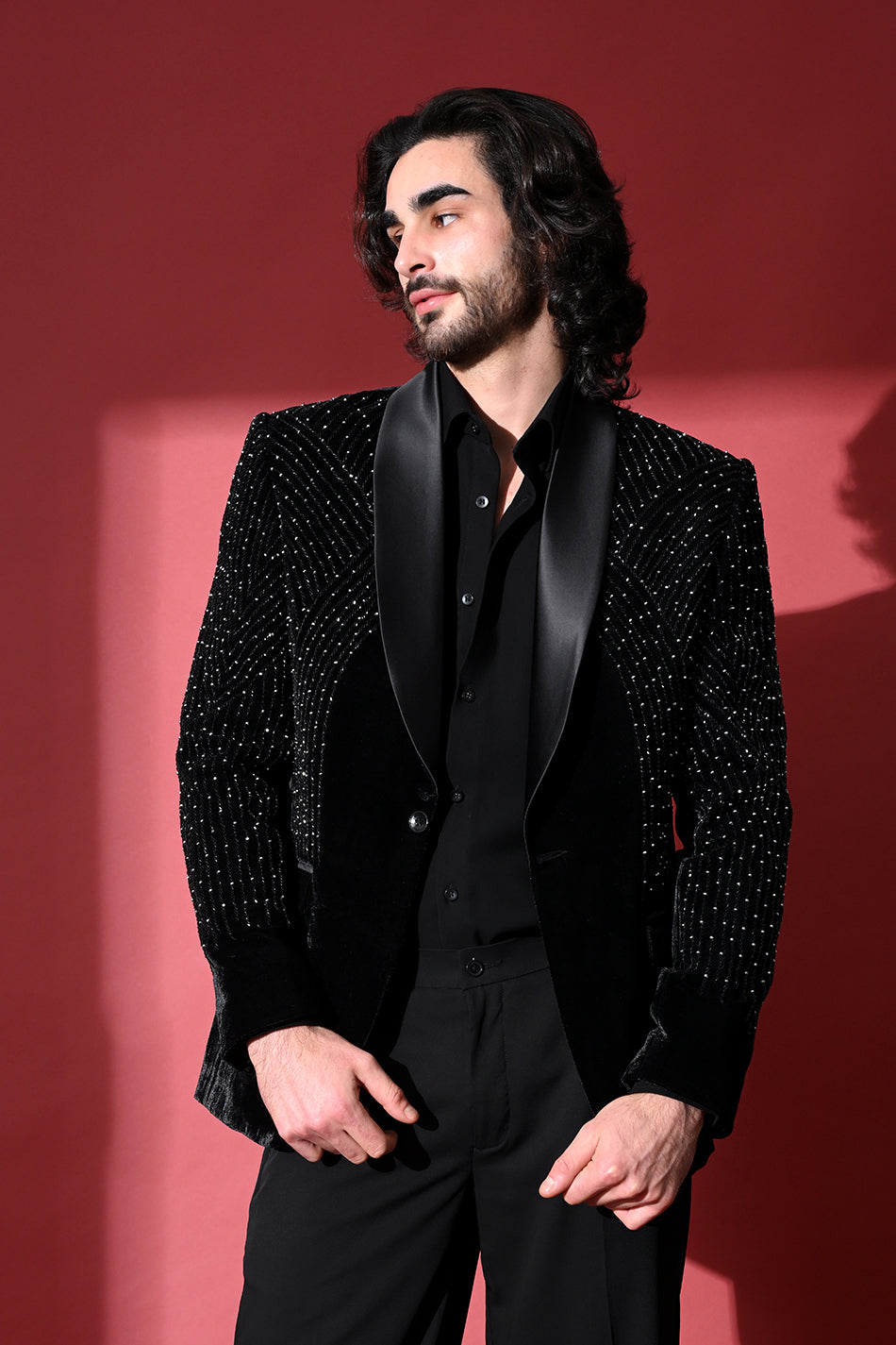 MIDNIGHT NOIR EMBELLISHED TUXEDO BLAZER WITH TROUSERS