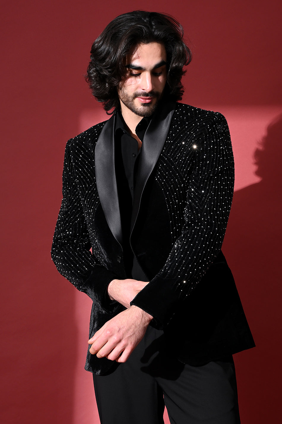 MIDNIGHT NOIR EMBELLISHED TUXEDO BLAZER WITH TROUSERS