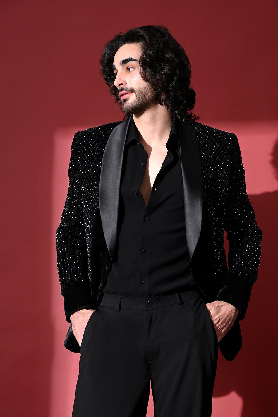 MIDNIGHT NOIR EMBELLISHED TUXEDO BLAZER WITH TROUSERS