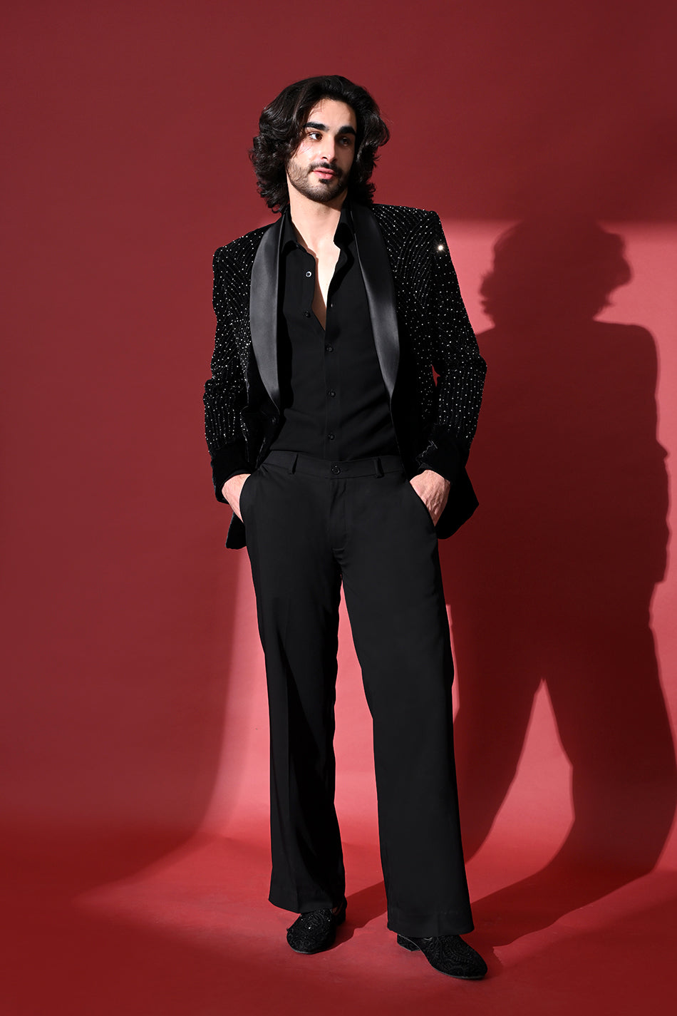 MIDNIGHT NOIR EMBELLISHED TUXEDO BLAZER WITH TROUSERS