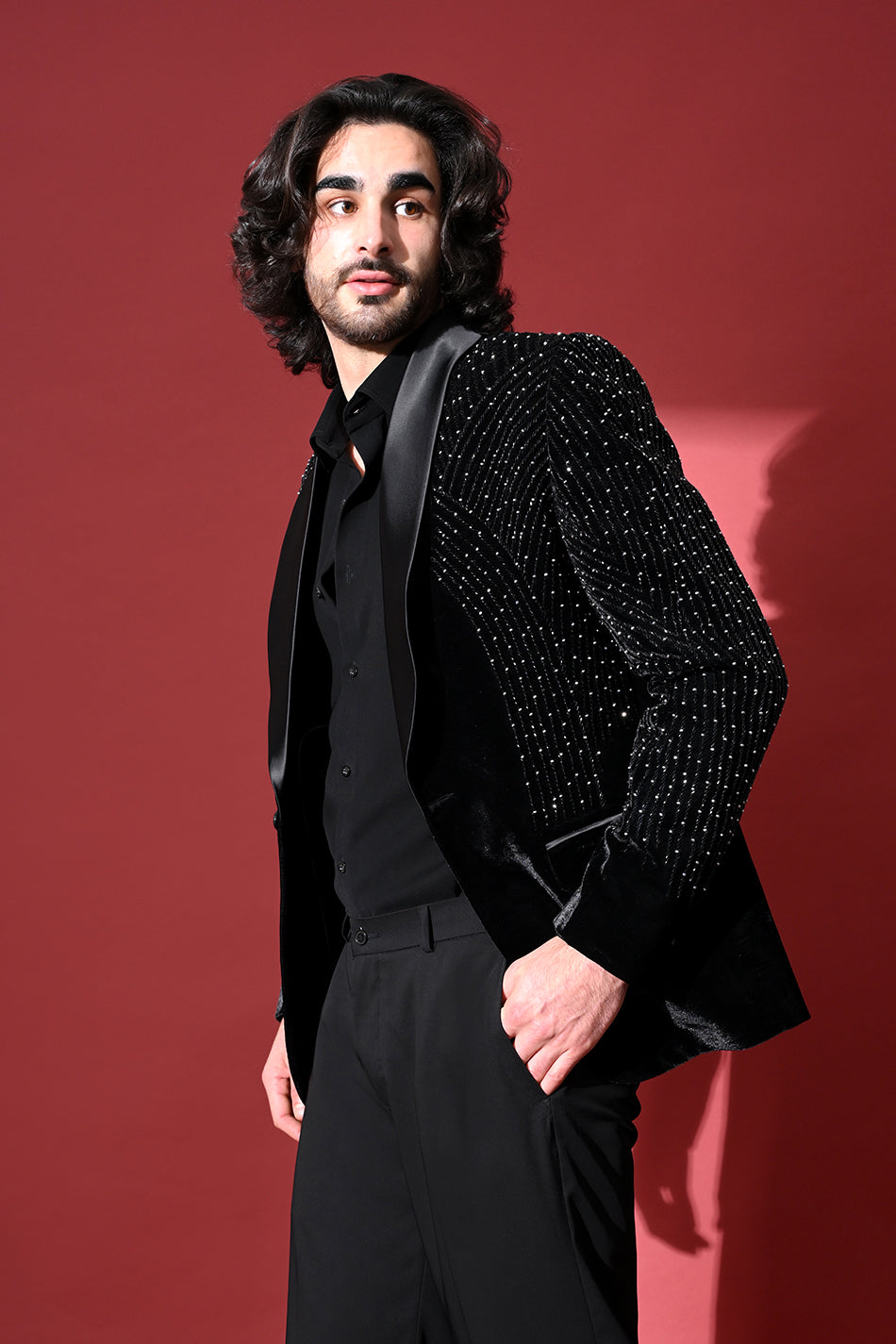 MIDNIGHT NOIR EMBELLISHED TUXEDO BLAZER WITH TROUSERS